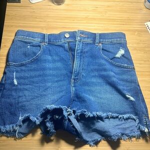 Express High Waisted Medium-Wash Raw Hemmed Mom Jean Shorts (6)